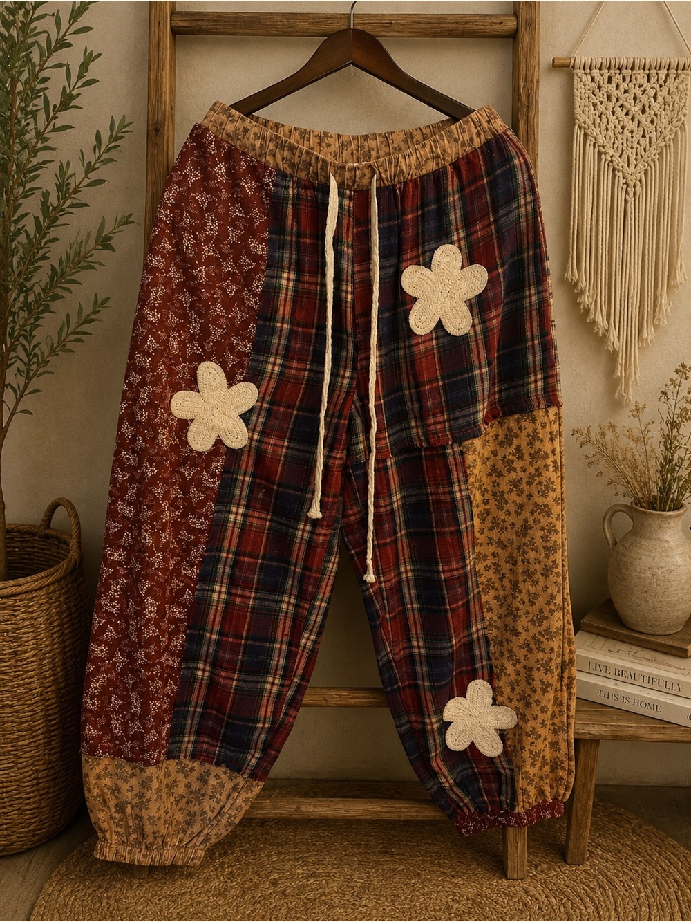 246🌟 Boho Patchwork Plaid Pants | NWT | Size Small ✨🤎